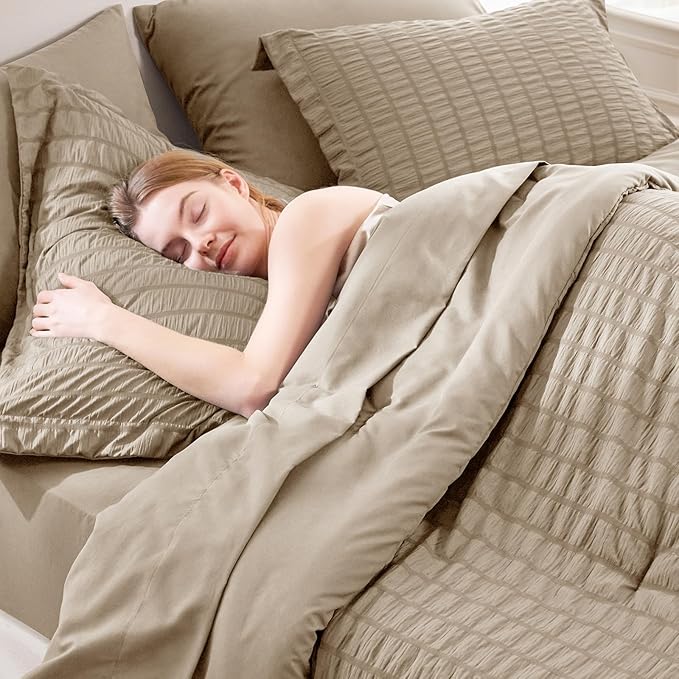 CozyLux Full Size Comforter Sets with Sheets Seersucker 7 Pieces Taupe Bed in a Bag Textured Luxury Soft Bedding Set with Down Alternative Comforter, Sheets, Pillowcases & Shams for All Seasons