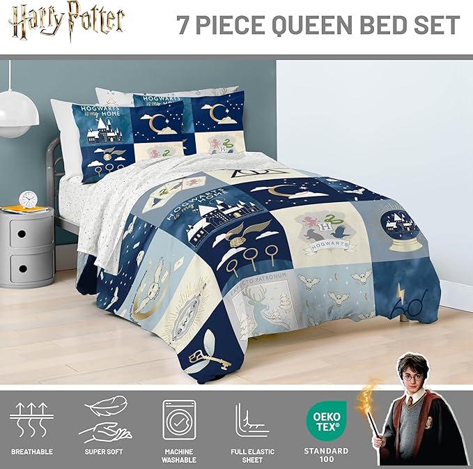 Jay Franco Kids Comforter Set Includes Sheets and Pillow Covers - Soft and Cozy Bed Set for Stylish Room Decor, Multi - Harry Potter, 7 Piece Queen Size Bedding