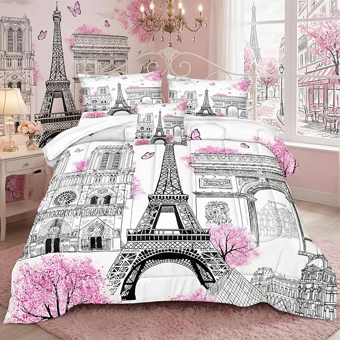 Bedbay Girls Teen Queen Bedding Set Paris Eiffel Tower Comforter Set 4 Pcs Pink Flowers Duvet Set Romantic French Style Quilt Bedding Set Lightweight Down Alternative Comforter(Paris,Queen)