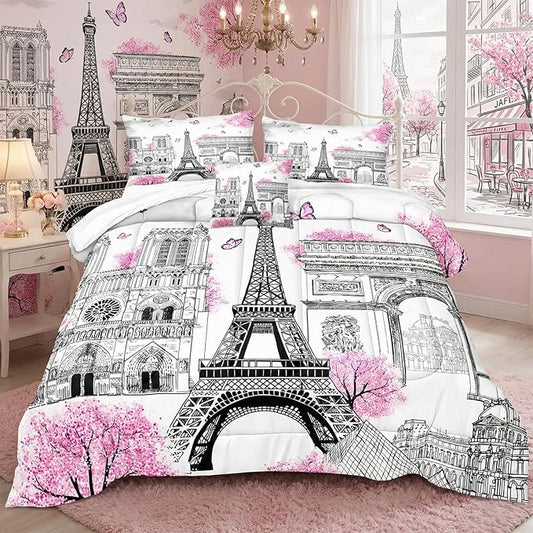 Bedbay Girls Teen Queen Bedding Set Paris Eiffel Tower Comforter Set 4 Pcs Pink Flowers Duvet Set Romantic French Style Quilt Bedding Set Lightweight Down Alternative Comforter(Paris,Queen)