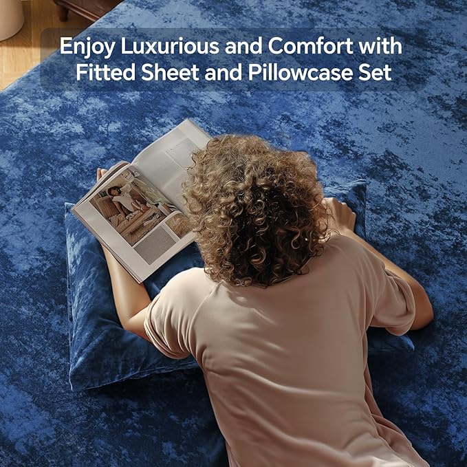 BEDELITE Velvet Fitted Sheet and Pillowcase Set, Luxury Soft Fuzzy Bottom Sheet with Reinforced Elastic Corner Straps, Deep Pocket up to 15 Inch, 1 Fitted Sheet and 1 Pillowcase (Twin XL, Navy Blue)