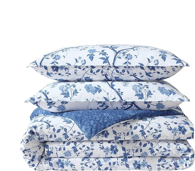 Laura Ashley - Queen Comforter Set, Soft & Reversible Cotton Bedding, Medium Weight for Year Round Comfort, 7 Piece Bed Set with Matching Pillowcases, Euro Shams & Bonus Throw Pillows (Elise Blue)