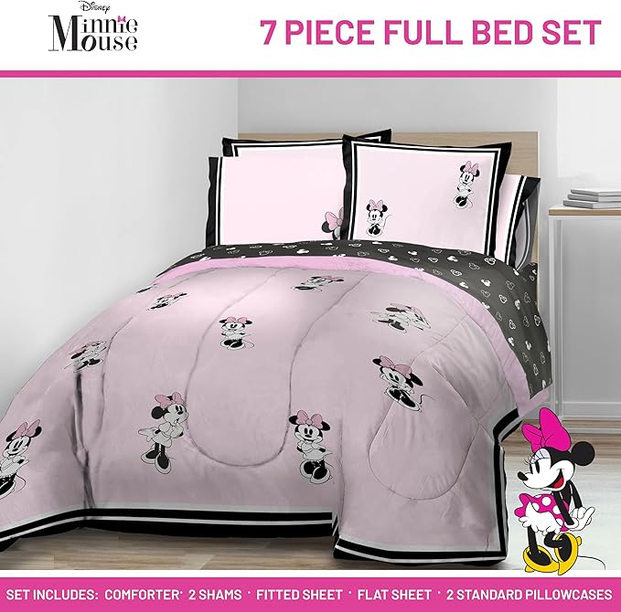 Jay Franco Kids Comforter Set Includes Sheets and Pillow Covers - Soft and Cozy Bed Set for Stylish Room Decor, Official Licensed Bedding, Multi - Minnie Mouse, 7 Piece Full