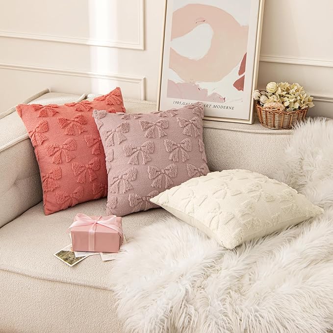 MIULEE Blush Pink Bow Pillow Covers Coquette Room Decor Aesthetic Set of 2 Decorative Cute Girl Vlentine Pillow Covers Spring Soft Plush Faux Pillowcase for Preppy Room Decor Bedroom Couch,20x20 Inch