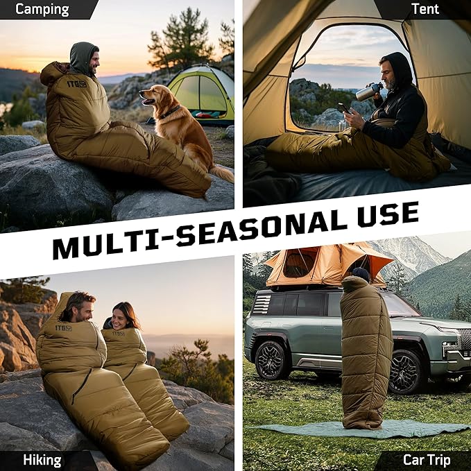 Sleeping Bag for Adults, 25-36℉Cold Weather Mummy Sleeping Bag, Lightweight 3–4 Season Winter Sleeping Bag with Adjustable Hood, Phone Pocket & Compression Sack for Camping Hiking Backpacking