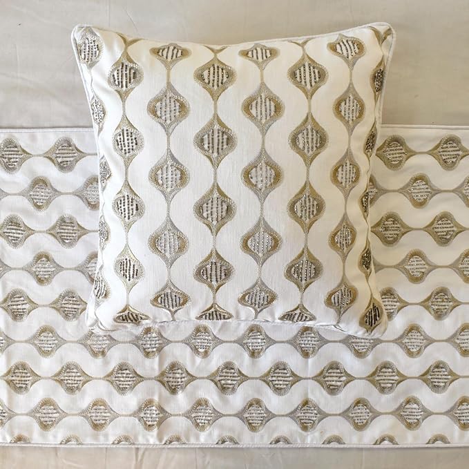 The HomeCentric King/Queen/Twin Beige Decorative Bed Runner Full 68"x18" Bed Runner with Two Pillow Cover, Embroidery, Geometric, Beaded Hand Embroidery Bed Scarf on Linen Fabric - Mahsa