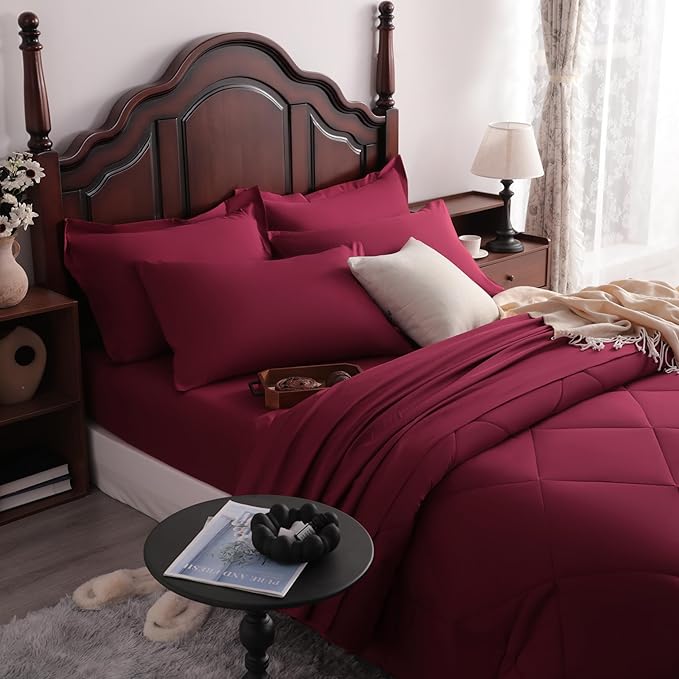 NTBAY King Comforter Set with Sheets, 7 Pieces Soft and Breathable King Bedding Set, Bed in a Bag, Down Alternative Comforter Set Solid Color All Season, Wine Red