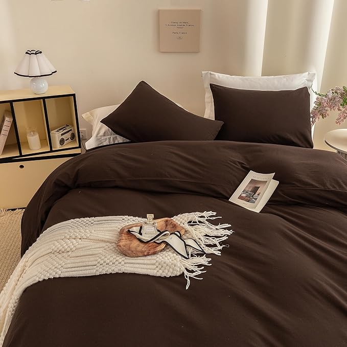 ECOCOTT Duvet Cover Queen Size -100% Washed Cotton Linen Like Textured Breathable Durable Soft Comfy Bedding Set with Zipper Closure & Corner Ties Chocolate Brown