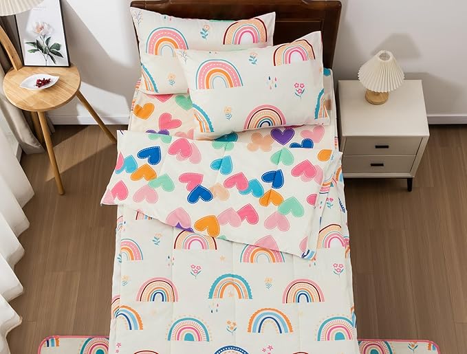 Meeting Story 3pcs Kids Comforter Sets Zipper Bedding Set for Girls,Twin Kid Bedding Set Rainbow Comforter Flower Bedding for Kid,All in one Zipper Bedding（Beige,Twin）
