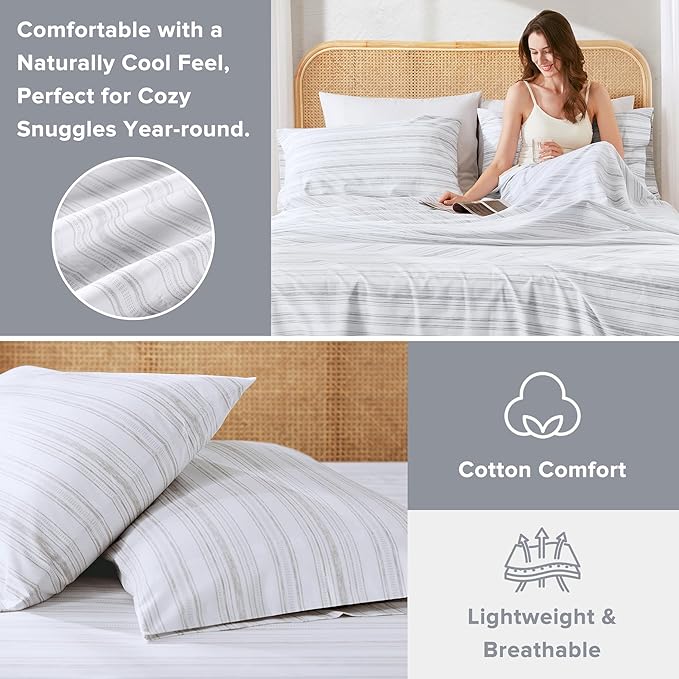Comfort Spaces 100% Cotton Sheets Full, Breathable, Naturally Cool Cotton Sheets, Soft Cotton Bed Sheets with 14" Elastic Pocket Fits up to 16" Mattress, All Seasons Sheet Set, Good Vibes Grey 4 Piece