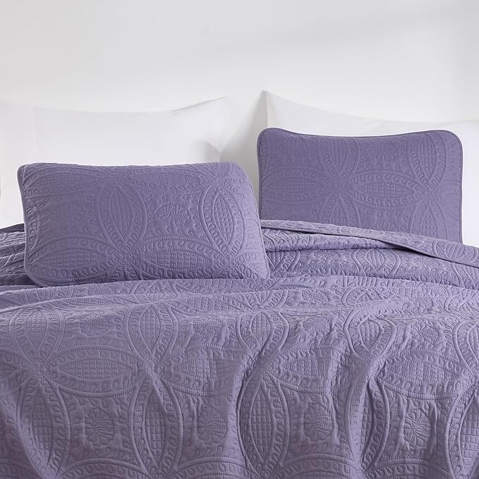 Chezmoi Collection Austin King Oversized Bedspread Set, 3-Piece Pinsonic Quilted Lightweight Microfiber Bedspread Coverlet, Dusty Purple