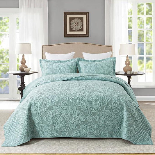 Travan 3-Piece Queen Quilt Set Quilted Bedspread Oversized Microfiber Lightweight Bedspread Coverlet Set with Shams Bedding Set for All Season, Blue, Queen Size