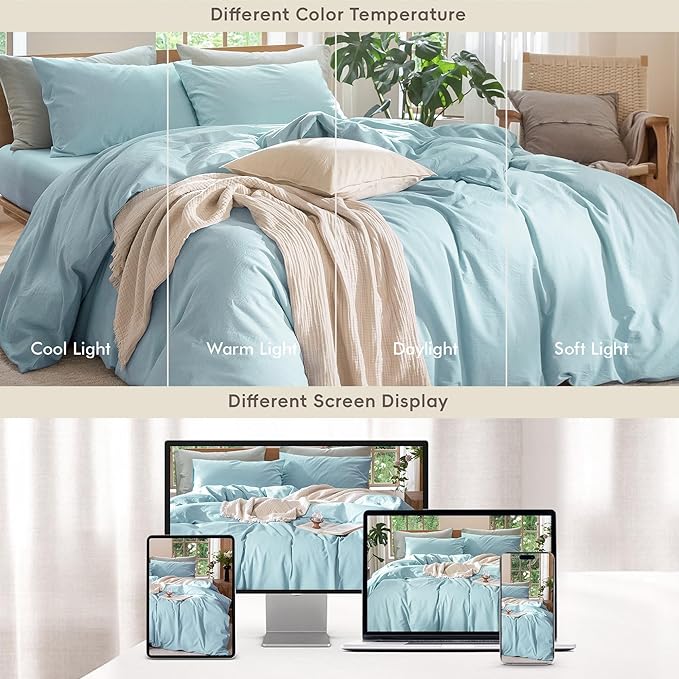 MooMee Bedding Duvet Cover Set 100% Washed Cotton Linen Like Textured Breathable Durable Soft Comfy (Heathered Light Blue, King 104"x90")