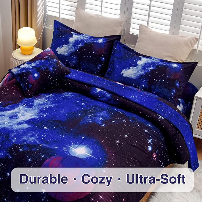 A Nice Night Galaxy 6Pcs Bedding Sets Outer Space Comforter Bed in a Bag 3D Printed Quilt,for Children Boy Girl Teen Kids,Queen 6Pcs