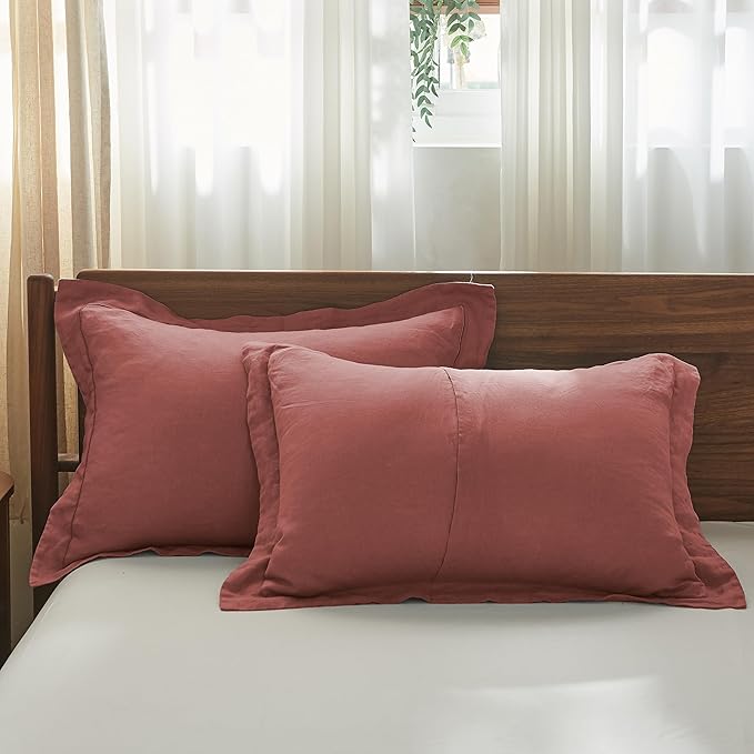 Simple&Opulence 100% Linen Duvet Cover Set with Embroidery Washed - 3 Pieces (1 Duvet Cover with 2 Pillow Shams) with Button Closure Soft Breathable Farmhouse - Coral Red, Queen Size
