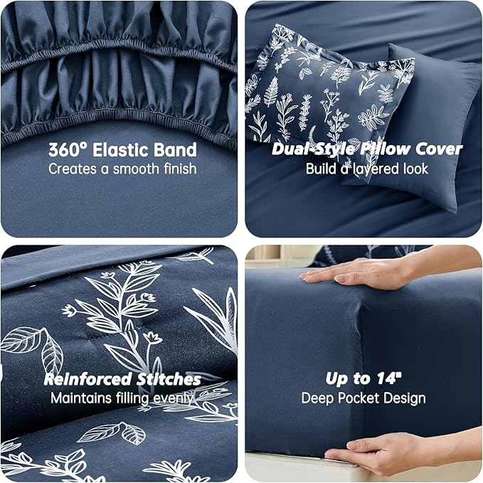 MUXHOMO Navy Blue Cal King Comforter Set, Elegant Floral Print Bed in a Bag 7 Pieces, Ultra Soft & Breathable Reversible Botanical Pattern Bedding Set with Comforter, Sheets, Pillowcases, and Shams
