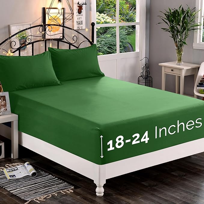 Elegant Comfort 1500 Premium Quality Fitted Sheet Ultra Soft 18-24 Inch Extra Deep Pocket - Single Fitted Sheet for High Mattress - Wrinkle Free with Smart Storage Pockets, King, Hunter Green