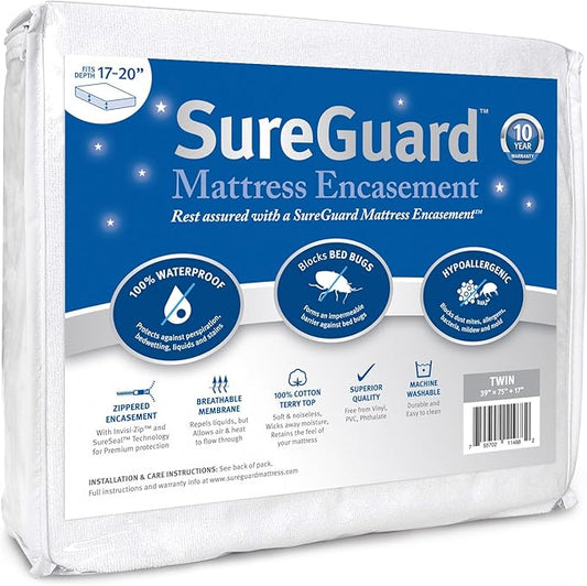 Twin (17-20 in. Deep) SureGuard Mattress Encasement - 100% Waterproof, Bed Bug Proof, Hypoallergenic - Premium Zippered Six-Sided Cover