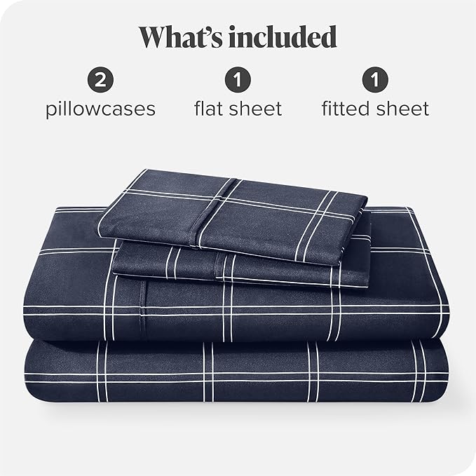 Bare Home Full Sheet Set - Luxury 1800 Ultra-Soft Microfiber Double Brushed - Deep Pockets - Easy Fit - 4 Piece Set (Full, Modern Plaid - Midnight/White)