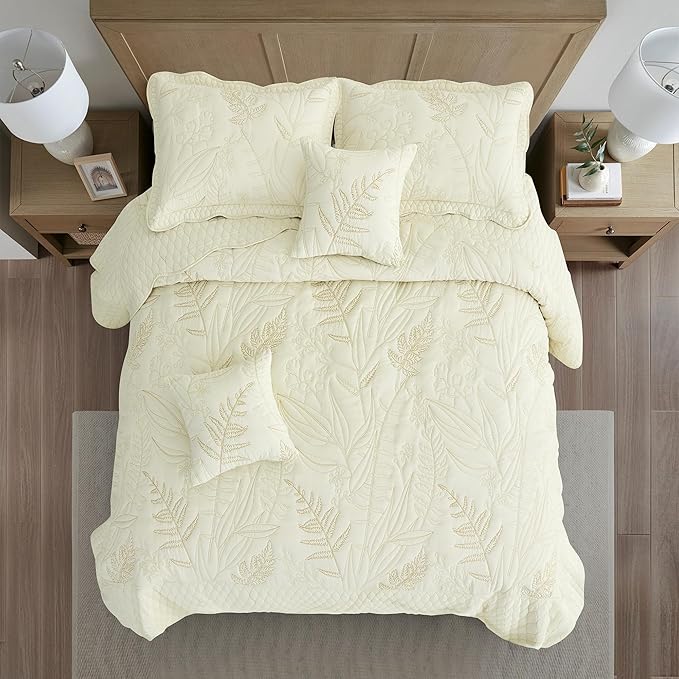Botanical Oversized Bedspread Queen Size - Leaves Pattern Stitching Quilt Set - Elegant & Fresh Style Bedding Coverlets, Reversible, Lightweight, 5 Piece, Ivory