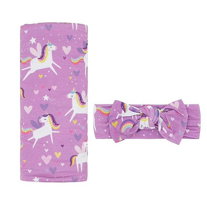 Little Sleepies Swaddle & Headband Bow Set, Viscose from Bamboo Baby Swaddles, Newborn Baby Girl Clothes (Luxe Sienna's Unicorns)