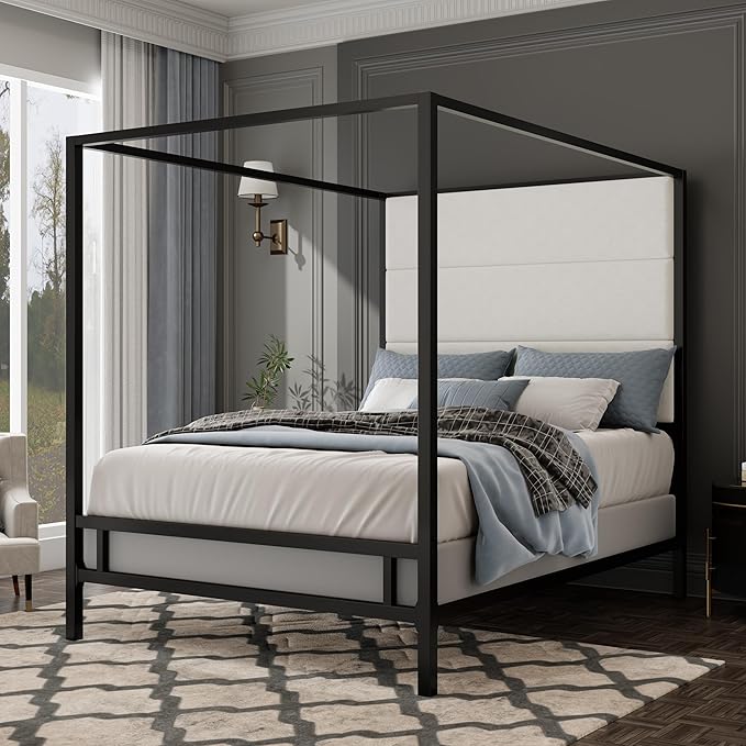 Merax King Size Modern Canopy Bed Frame, with Tall Linen Fabric Upholstered Headboard Metal 4-Poster, Box Spring Needed, Black + White