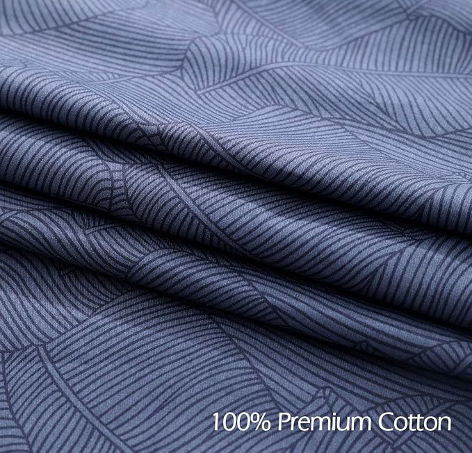 SLEEPBELLA Duvet Cover Full Size, 600 Thread Count Cotton Navy & Grey Printed with Luxurious Blue Leaves Pattern Reversible Botanical Comforter Cover Sets, Bedding Set 3Pcs (Full, Navy-Blue Leaves)