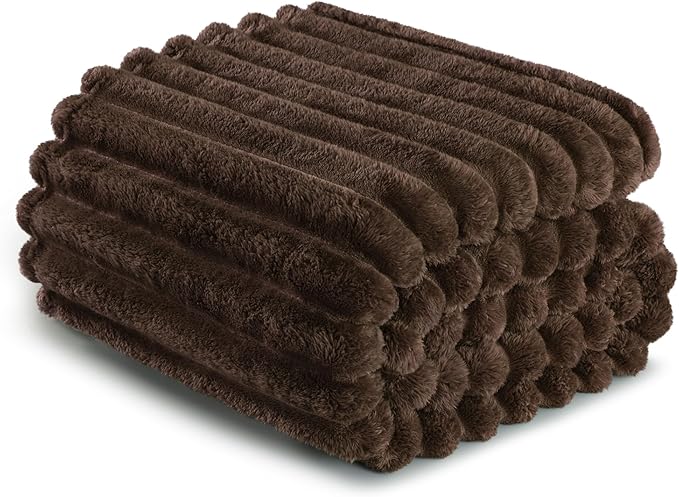 Exclusivo Mezcla Queen Size Flannel Fleece Blanket, Super Soft Striped Jacquard Bed Blanket, Lightweight Fuzzy Cozy for All Seasons, 90x90 Inches, Coffee