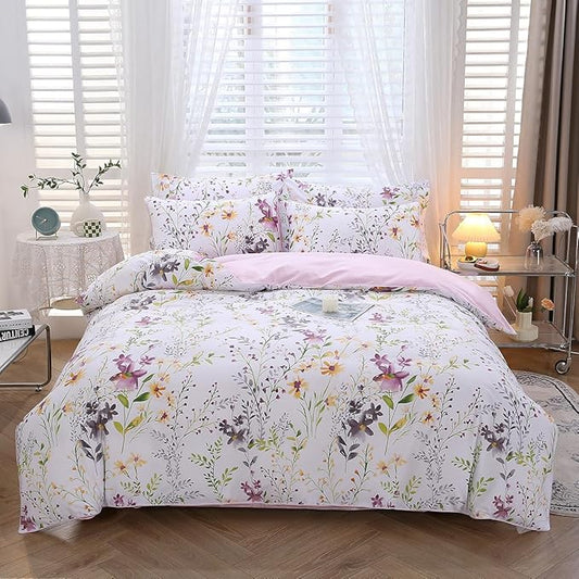 URBONUR Duvet Cover Full Size 100% Egyptian Cotton Garden Style Botanical Floral Bedding Set, Button Closure & Corner Ties (1 Duvet Cover, 2 Pillow Cases)