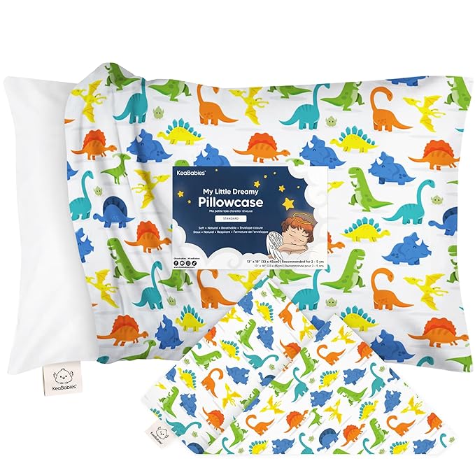 KeaBabies Toddler Pillowcase 13"x18" - Organic Cotton Toddler Pillowcase for Kids, Boys,Girls,Soft & Durable Cotton Cover for Miniature Sleepy Pillows,Cute Colors,Pillow Sold Separately(Happy Dino)