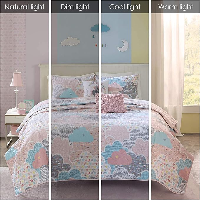 Intelligent Design Kids Reversible Cotton Quilt Set - Vibrant Fun, Playful Print, All Season Children Bedding Coverlet Bedspread, Decorative Pillow, Bedroom Décor, Full/Queen, Cloud Pink 5 Piece