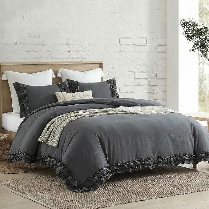 Dark Grey Ruffled Duvet Cover King Boho Bedding Set Gary Ruffle Fringe Shabby Chic Bedding Super Soft Cozy Farmhouse Duvet Cover Set for All Season