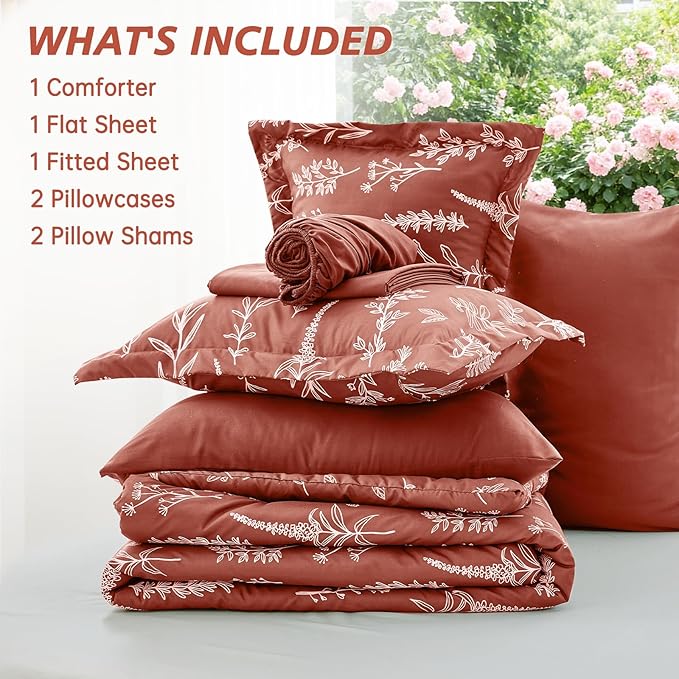 MUXHOMO Terracotta Bed in a Bag Queen 7 Pieces, Queen Comforter Set Reversible Botanical Flowers Design, Ultra Soft & Breathable Bedding Sets with Comforter, Sheets, Pillowcases & Shams