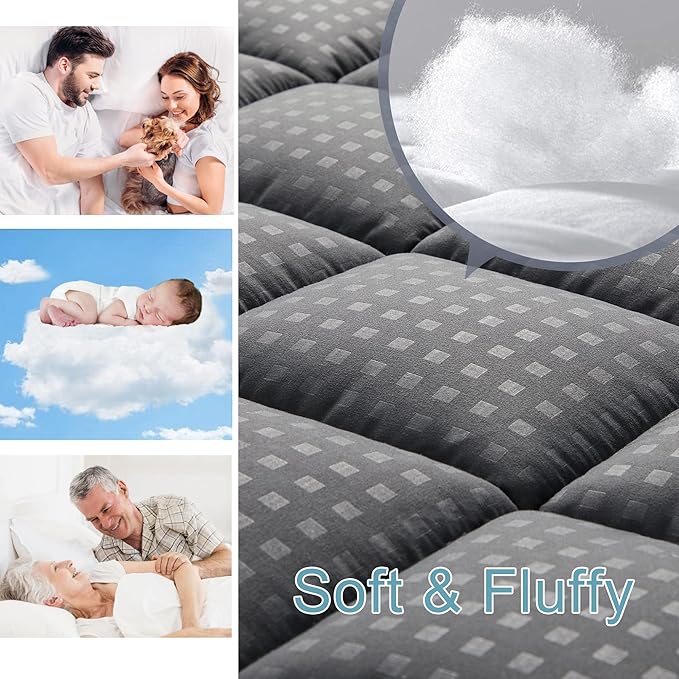 HYLEORY King Mattress Pad Quilted Fitted Mattress Protector Cooling Pillow Top Mattress Cover Breathable Fluffy Soft Mattress Topper with 8-21" Deep Pocket, Dark Grey