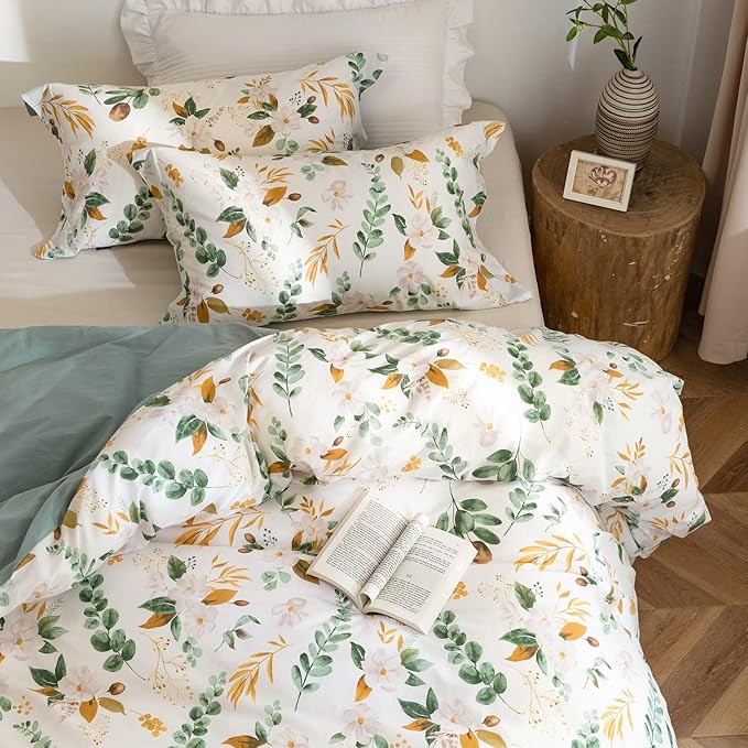MILDLY Pattern Duvet Cover Set - 100% Washed Cotton Garden Floral Botanical Flower Leaves Bedding Set 3 Pieces Queen Size Linen Feel Breathable Comforter Cover with Zipper Ties