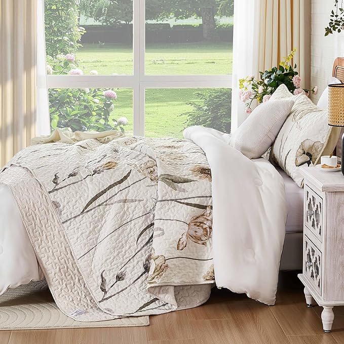 WONGS BEDDING Quilt Set Queen,Cute Floral Bedspread Coverlet Set,3 Pieces Brown Quilts Bed Cover,Lightweight Farmhouse Floewr Quilts Summer Bedding Set for All Season(96"x90")