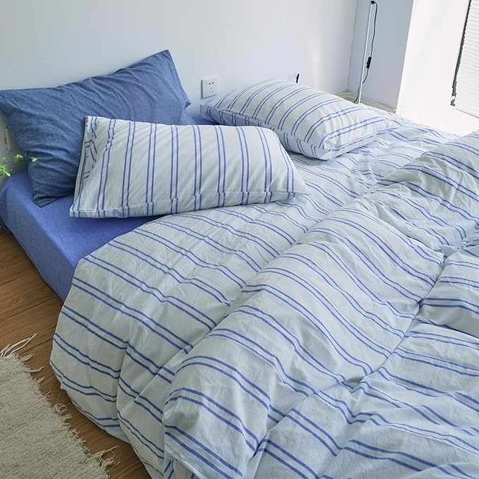 LifeTB Striped Duvet Cover Set Queen, 3 Pieces Blue Stripes Pattern Printed Comforter Cover, 100% Washed Cotton Retro Striped Bedding Set, Comfy Soft Cotton Breathable Duvet Cover Queen Size