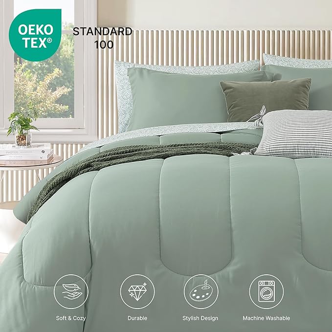 Monbix Full Comforter Set - 7 Pieces Sage Green Bed in a Bag Full Size Track Stitching Bedding Sets, All Seasons Comforter with Sheets,Pillowcases & Shams
