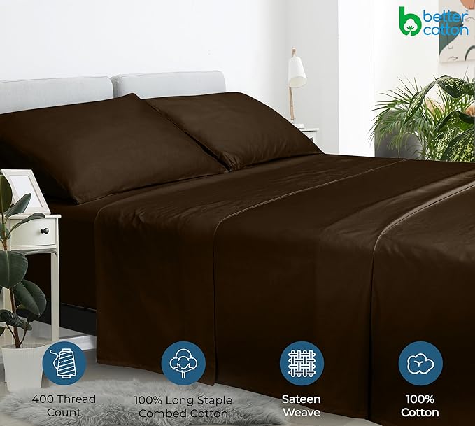Royale linen 400 Thread Count 100% American Grown Cotton Flat Sheet - Cooling Sheets- Full Sheets -Luxury Sateen Weave -Full Flat Sheet Sold Separately -Chocolate Flat Sheet Only (Full,Egyptian Camel)