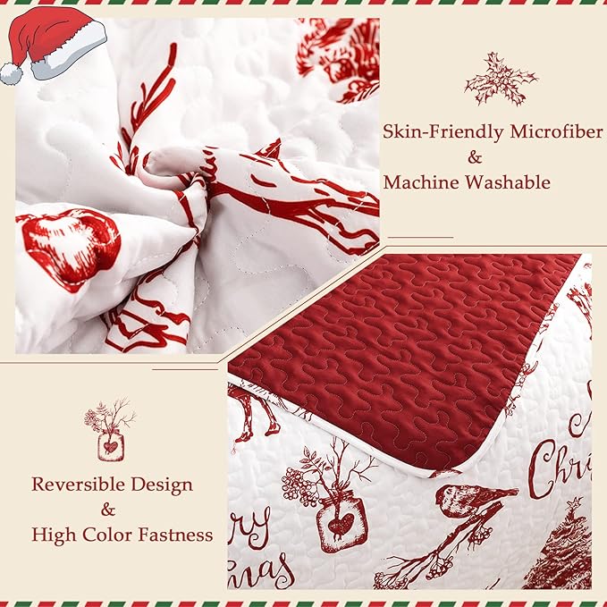 Exclusivo Mezcla Reversible Christmas Quilts Twin Size, Red Bedspread Lightweight Coverlet Winter Quilt Bedding Set with Printed Trees Reindeer Wreaths Pattern (1 Quilt, 1 Pillow Sham)