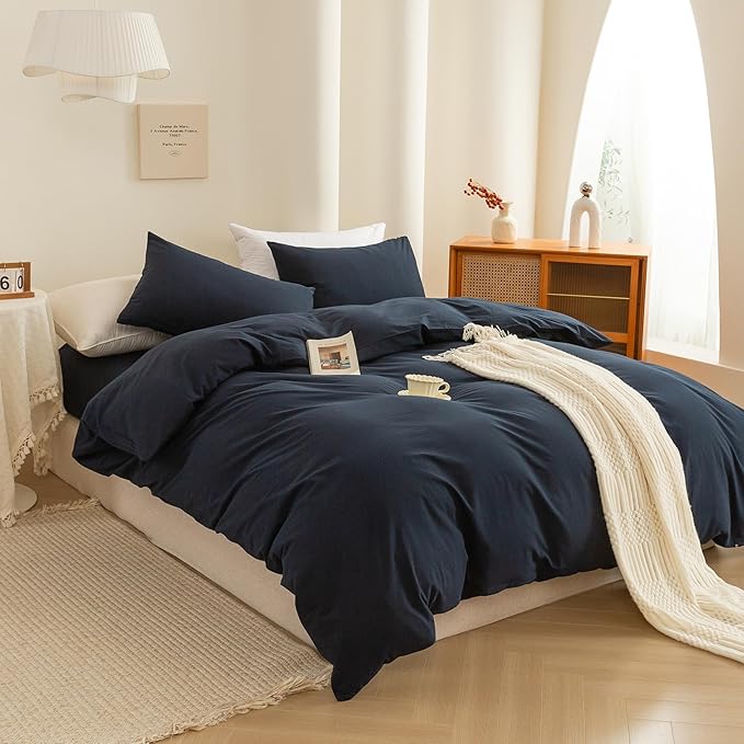 ECOCOTT Navy Blue Duvet Cover Super King Size - 100% Washed Cotton Durable Soft Comfy Bedding Set, 3 Pieces Duvet Cover with Zipper Closure (108''x98'')