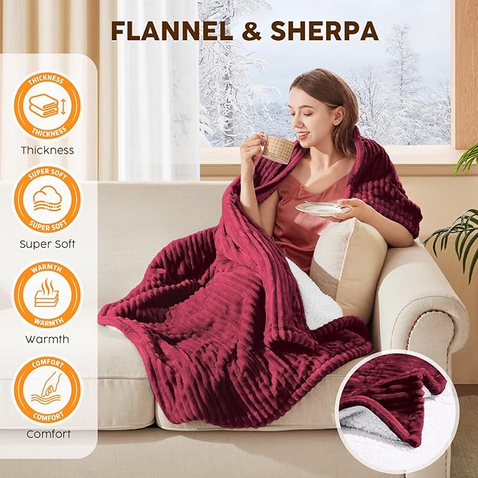 HYLEORY Heated Blanket Electric Queen, Soft Flannel Sherpa Heater 5 Heat Settings and 10 Hours Auto Shut-Off Heating Blanket ETL Certification Over-Heat Protection Machine Washable,Red