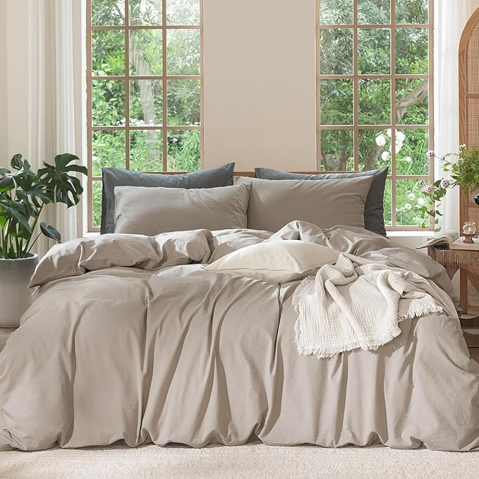 MooMee Bedding Duvet Cover Set 100% Washed Cotton Linen Like Textured Breathable Durable Soft Comfy (Solid Light Tan, Palatial King/Oversized King 120"x98")