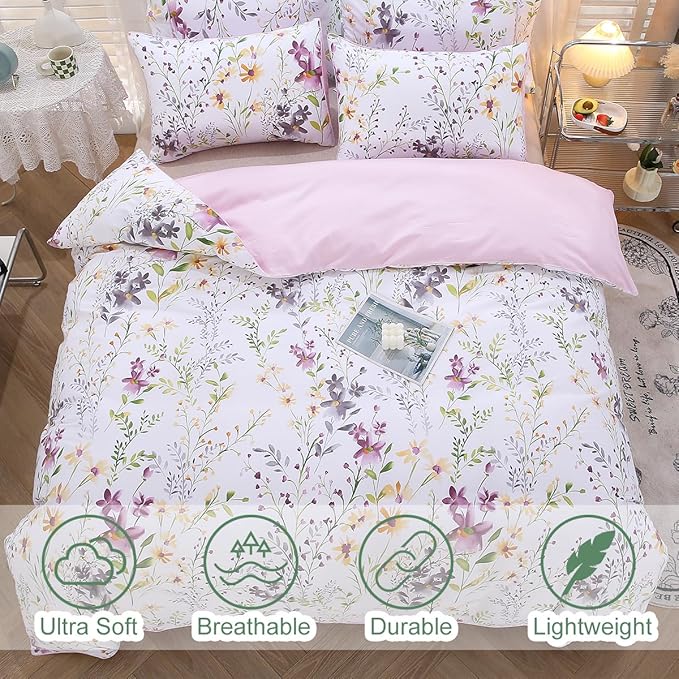 URBONUR Duvet Cover Full Size 100% Egyptian Cotton Garden Style Botanical Floral Bedding Set, Button Closure & Corner Ties (1 Duvet Cover, 2 Pillow Cases)