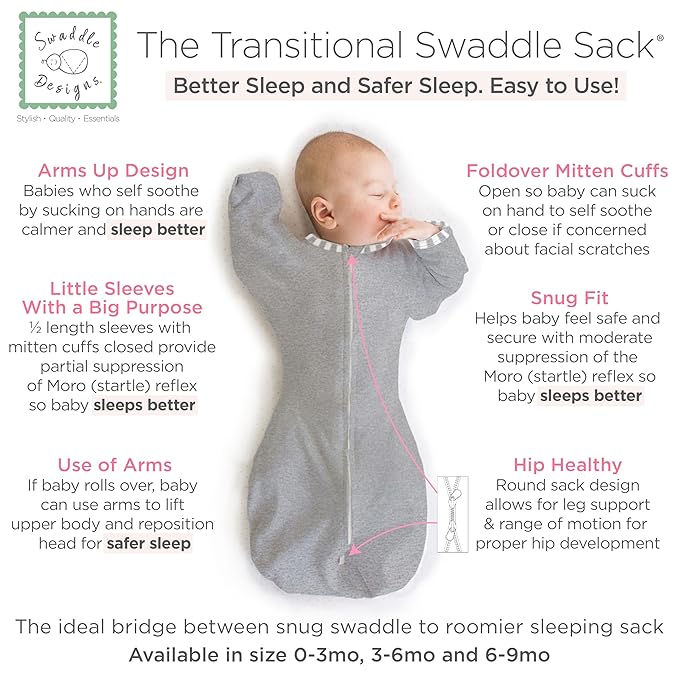 SwaddleDesigns Transitional Swaddle Sack, Arms Up Half-Length Sleeves & Mitten Cuffs, Swaddle for Newborn Transition to Baby Sleep Sack Wearable Blanket, 3-6 Month, 14-21 lb, Gray with Striped Trim