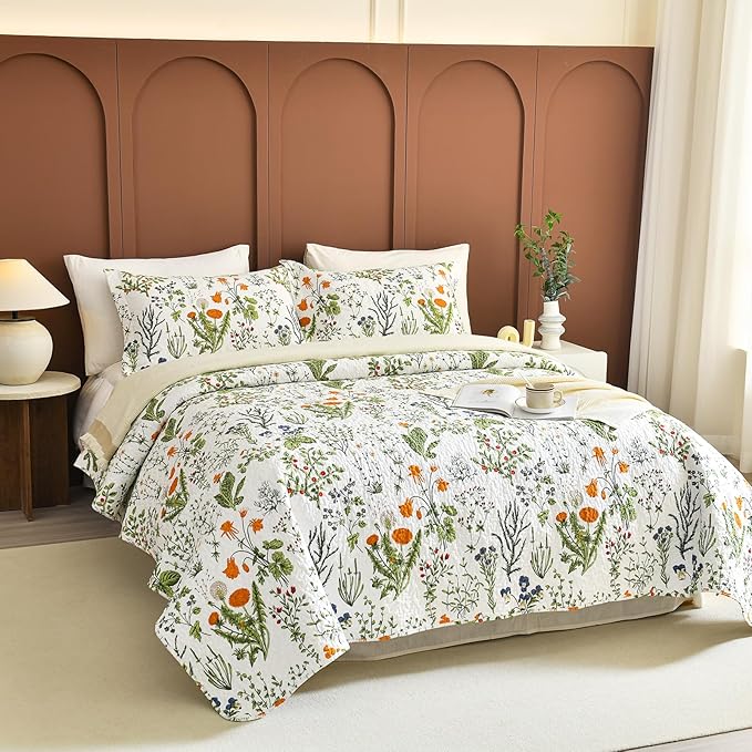 QSH Floral Quilt King Size Bedding Set (110"x98") 3Pcs 100% Cotton Quilt King Yellow Flowers Leaves Plant Botanical Pattern Printed Bedspread Coverlet Spring Summer Soft Lightweight Quilt Set