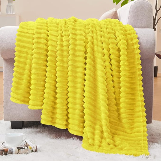 BEDELITE Fleece Throw Blanket for Couch – 3D Ribbed Jacquard Soft and Warm Decorative Fuzzy Blanket – Cozy, Fluffy, Plush Lightweight Yellow Throw Blankets for Bed, Sofa, 50x60 inches