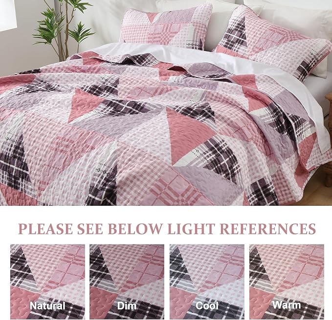 Annibedding Pink Quilt King Size, 3 Pieces Patchwork Bedspread Geometric Bedding Set for All Season, Soft Lightweight Reversible Plaid Bedspread with Wave Quilting (King, 110''x90'')