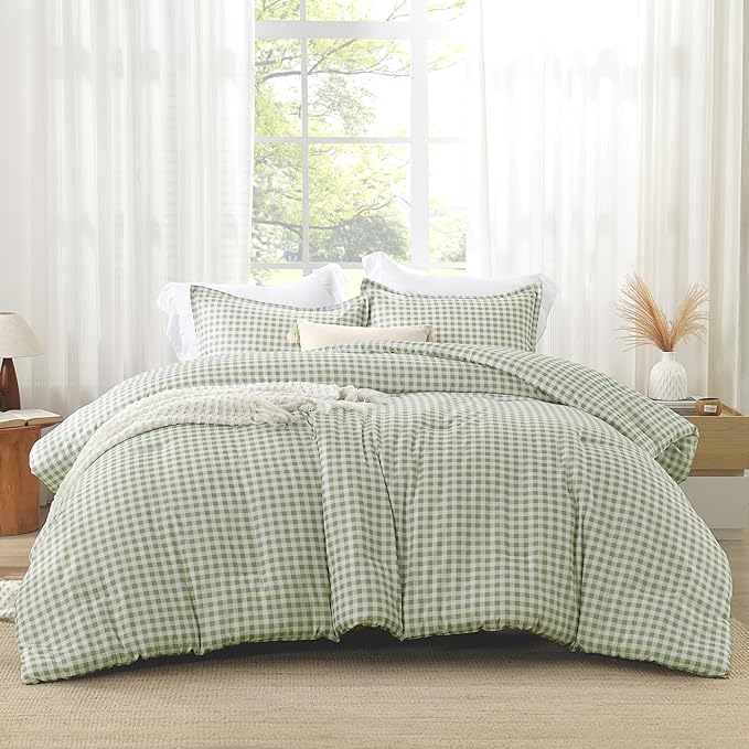 Andency Sage Gingham Comforter Set Twin(66x90Inch), Green Checkered Grid Plaid Buffalo Bed Set for Girls Boys Kids Teens, 2 Pieces Lightweight Microfiber Geometric Preppy Bedding