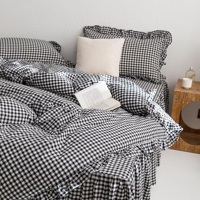 mixinni Black White Gingham Ruffle Duvet Cover Full Size 3 Pieces – 100% Washed Cotton, Vintage Plaid Ruffled Bedding Set with Zipper Ties, Soft Checkered Grid Farmhouse Chic Comforter Cover Set